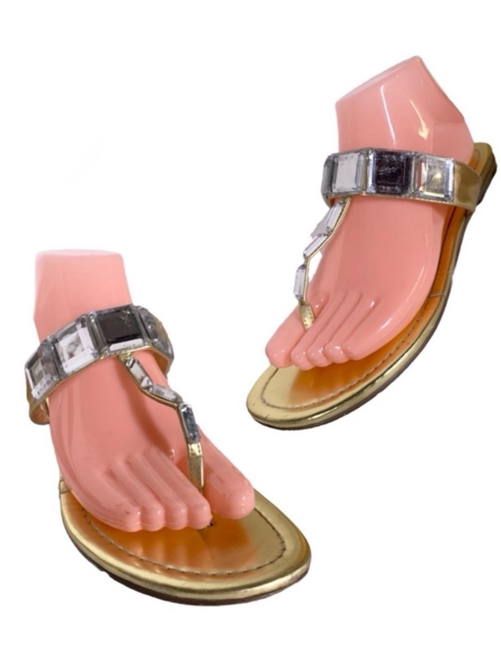 EXPRESS GOLD FAUX LEATHER WITH CLEAR PLASTIC CRYSTALS THONG SANDALS (8)